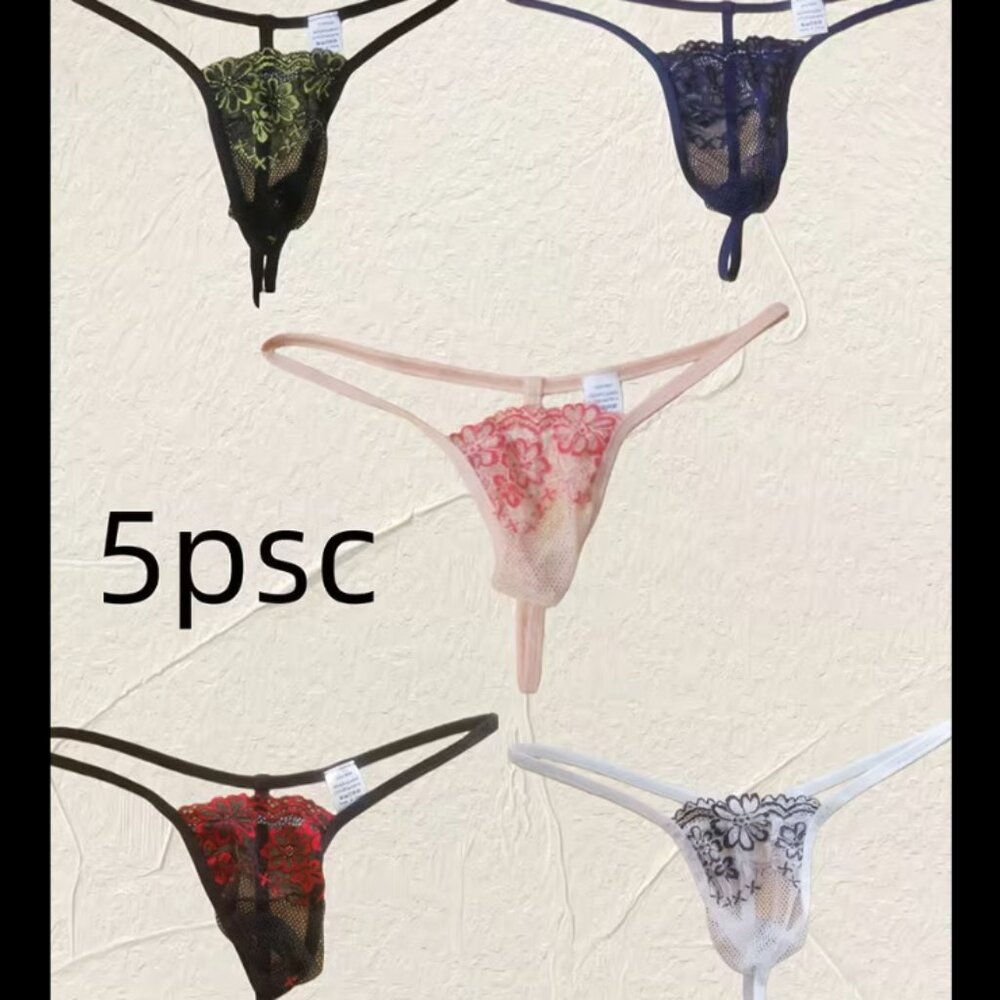 Set of 5 Men's Lace Thong Underwear, Sexy Low-Rise Transparent Floral Fashion,